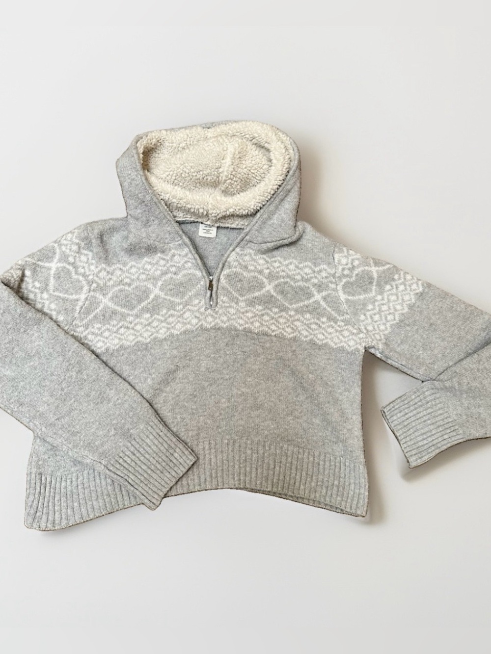 Women’s XXL Nordic Fair Isle Quarter Zip Hooded Sweater Sherpa Fisherman Chunky